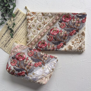 大人のためのインド刺繍ポーチ2点セット｜PINK×GRAY