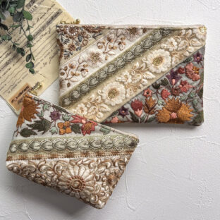 大人のためのインド刺繍ポーチ2点セット｜KHAKI×ORANGE