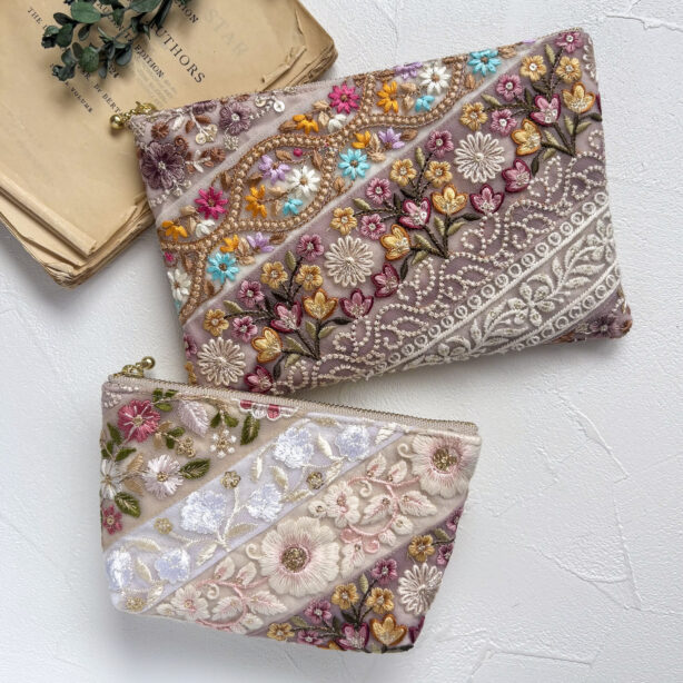 大人のためのインド刺繍ポーチ2点セット｜プチギフトや自分へのご褒美に　PURPLE×YELLOW　