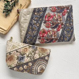 大人のためのインド刺繍ポーチ2点セット｜プチギフトや自分へのご褒美に　GRAY×PINK　